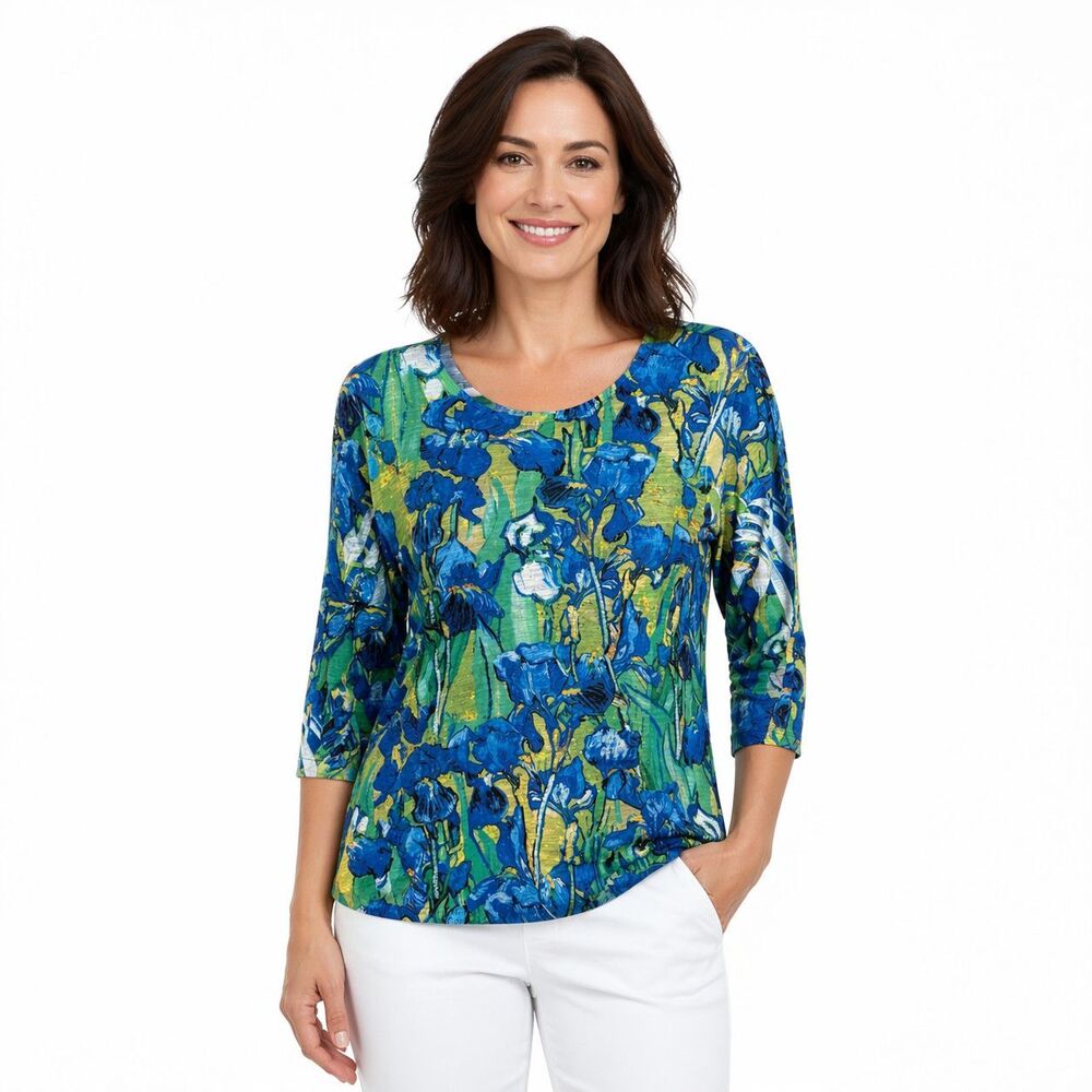 Jess & Jane Tunic Shirt Womens Small Blue Floral Scoop Neck 3/4 Sleeve Top USA